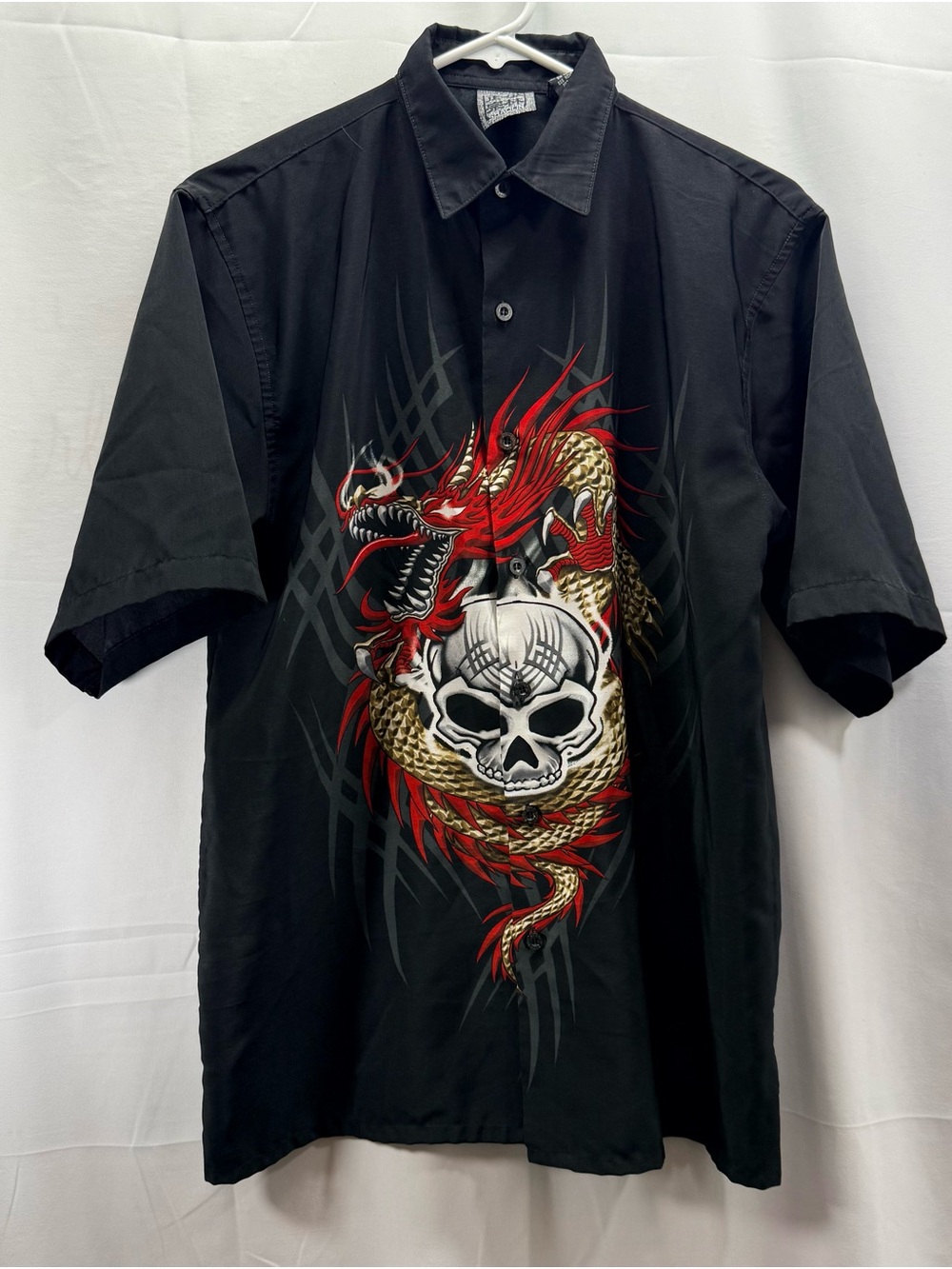 Authentic Shaolin Boys Button Up Shirt with Red Dragon & Skull Graphic Size XL